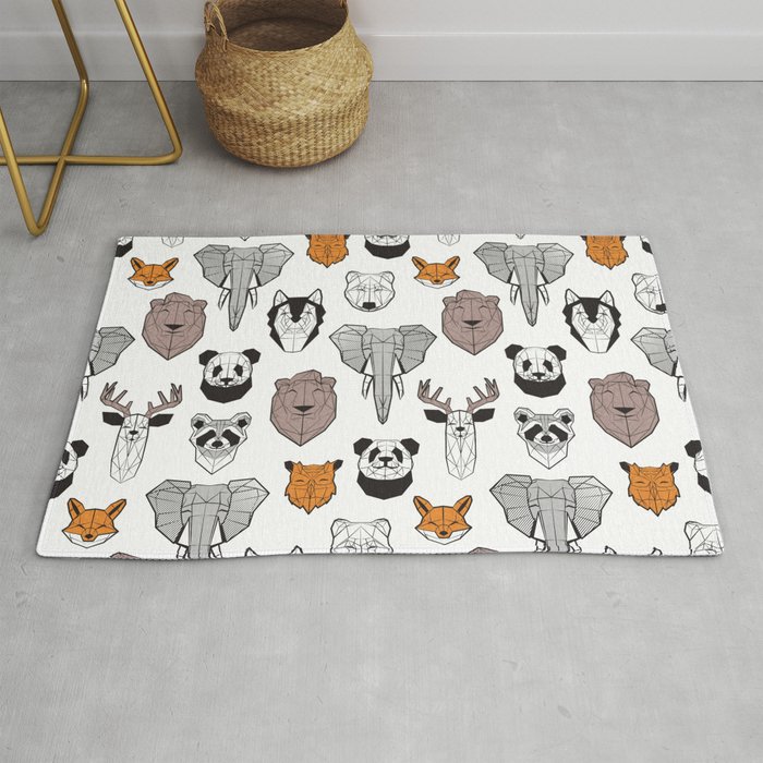 Friendly geometric animals // white background black and white orange grey and taupe brown animals Rug
