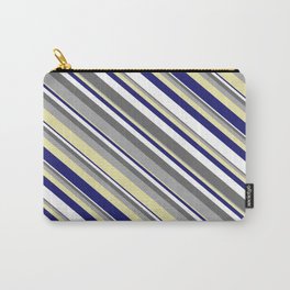 [ Thumbnail: Vibrant Dim Grey, Dark Gray, Pale Goldenrod, Midnight Blue, and White Colored Lined Pattern Carry-All Pouch ]