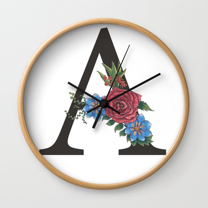 Monogram Letter A with Flowers Wall Clock