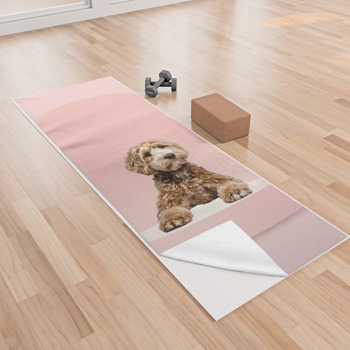 Goldendoodle Laying on Pastel Pink Podium Yoga Towel