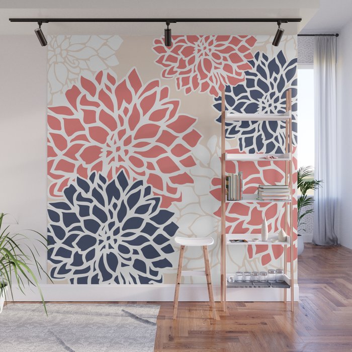 Flower Blooms, Coral Pink, Blush, Navy Blue Wall Mural