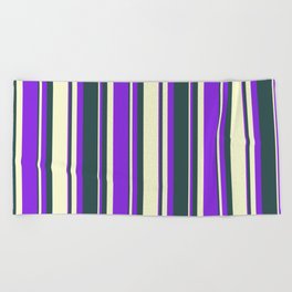 [ Thumbnail: Dark Slate Gray, Light Yellow, and Purple Colored Lines/Stripes Pattern Beach Towel ]