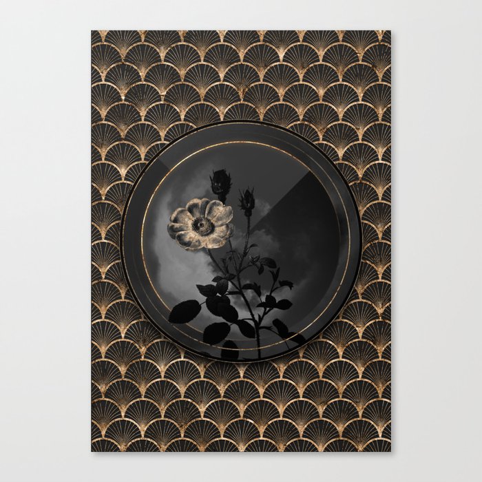 Shadowy Black Sparkling Rose Botanical Art with Gold Art Deco Canvas Print