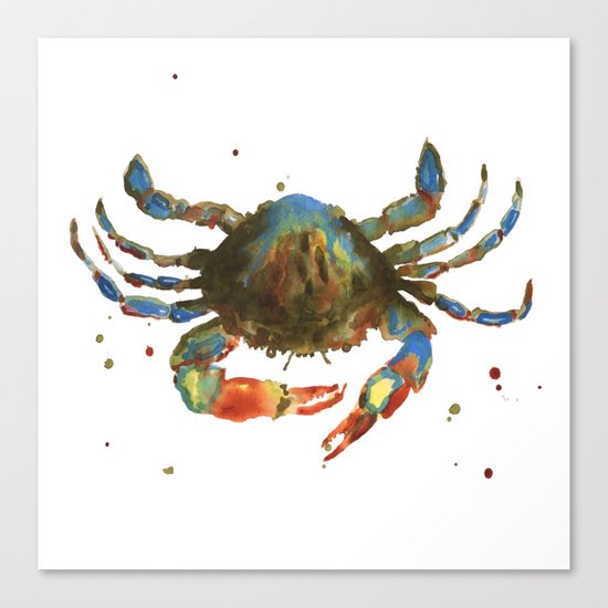 Crab art, coastal art, watercolor crab, crab pillow, beach house pillow Canvas Print