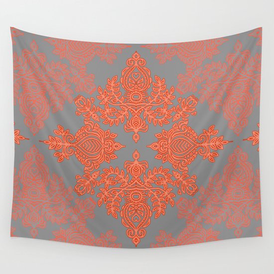 Burnt Orange Coral & Grey doodle pattern Wall Tapestry by