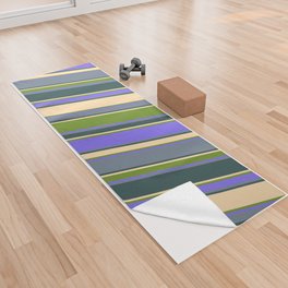 [ Thumbnail: Tan, Green, Medium Slate Blue, Slate Gray, and Dark Slate Gray Colored Lined/Striped Pattern Yoga Towel ]