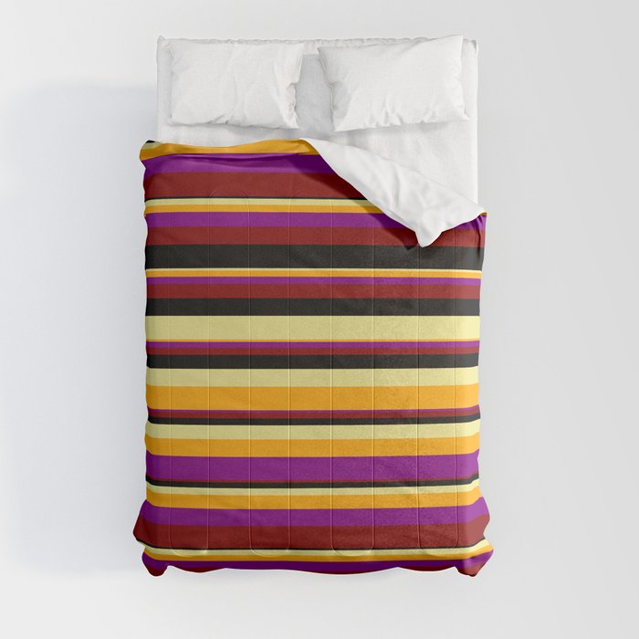 Tan, Orange, Purple, Maroon, and Black Colored Striped/Lined Pattern Comforter