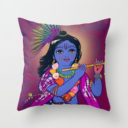 Little Krsna with Flute Colored Throw Pillow