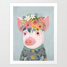 Pig with floral crown, farm animal Art Print