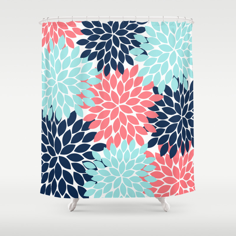 Navy Coral Aqua Floral Pattern Flower Burst Petals Shower Curtain By Trmdesign Society6