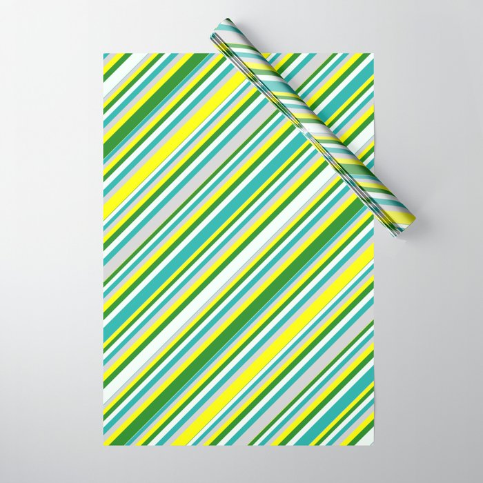 Eyecatching Yellow, Forest Green, Mint Cream, Light Sea Green, and Light Grey Colored Lined Pattern Wrapping Paper