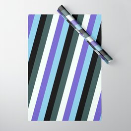 [ Thumbnail: Colorful Slate Blue, Sky Blue, Black, Dark Slate Gray & Mint Cream Colored Lined/Striped Pattern Wrapping Paper ]