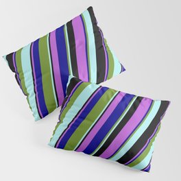 [ Thumbnail: Eyecatching Orchid, Dark Blue, Green, Turquoise, and Black Colored Stripes/Lines Pattern Pillow Sham ]