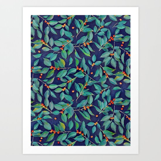 Leaves + Berries in Navy Blue, Teal & Tangerine Art Print