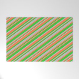 [ Thumbnail: Coral, Lime Green, and Grey Colored Striped Pattern Welcome Mat ]