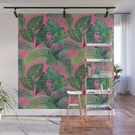 Tropical Palm Leaves On Pink Wall Mural