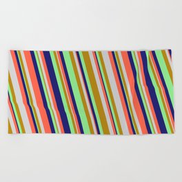 [ Thumbnail: Midnight Blue, Red, Light Grey, Dark Goldenrod & Light Green Colored Lined/Striped Pattern Beach Towel ]
