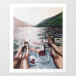 Aperitivo on Lake Como Art Print | Feet, Roseallday, Sunset, Watercolor, Curated, Lake, Aperitivo, Lakeside, Shadows, Painting 