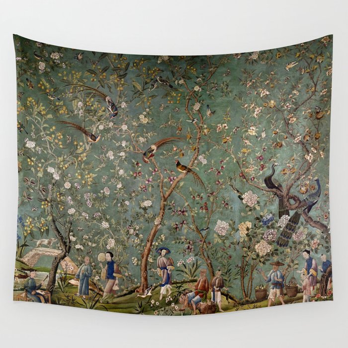Antique Hand Painted Chinoiserie Botanical Flower Garden  Wall Tapestry