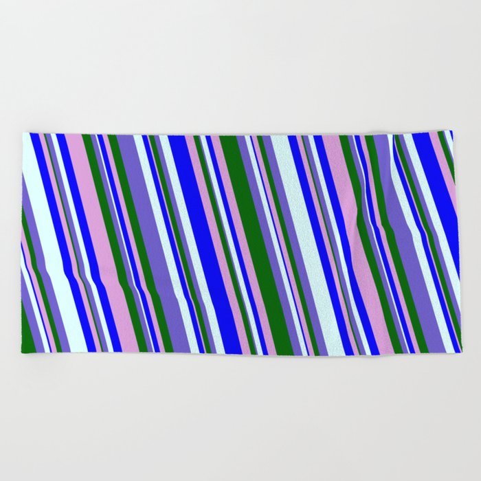 Colorful Plum, Blue, Light Cyan, Slate Blue & Dark Green Colored Striped/Lined Pattern Beach Towel