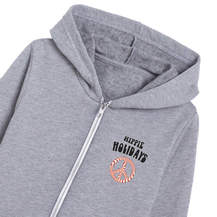 HIPPIE HOLIDAYS \\ PEACE SYMBOL CANDY CANE \\ DARK GREY TYPOGRAPHY COLOR Kids Zip Hoodie