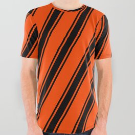 [ Thumbnail: Red and Black Colored Lines Pattern All Over Graphic Tee ]