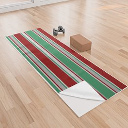 [ Thumbnail: Sea Green, Dark Grey, Dark Red, and Light Grey Colored Lined/Striped Pattern Yoga Towel ]