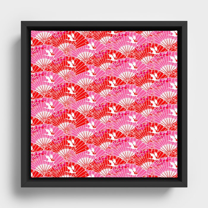 Preppy Room Decor - Pink Red Chinoiserie Fans Pattern Framed Canvas