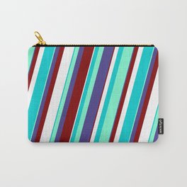 [ Thumbnail: Dark Turquoise, Aquamarine, Dark Slate Blue, Maroon, and White Colored Pattern of Stripes Carry-All Pouch ]
