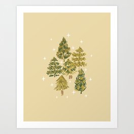 Starry night pine trees - cream yellow, olive green and lime yellow Art Print