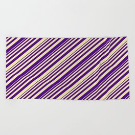[ Thumbnail: Indigo and Pale Goldenrod Colored Lined Pattern Beach Towel ]