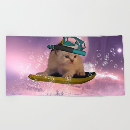 Cute surfing kitten Beach Towel