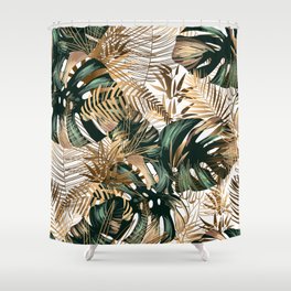 Golden and green tropical leaves on a white background. Seamless pattern in the style of Hawaii. Botanical background. Shower Curtain