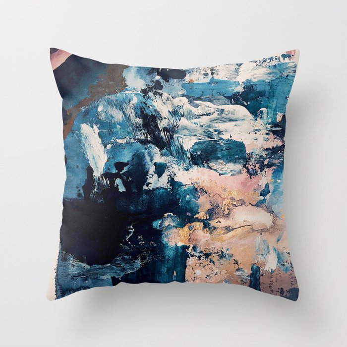 Sweetly: a bohemian, abstract work on paper in blue, pink, white, and gold Throw Pillow