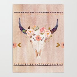 Bull Head Skull Boho Flowers Poster