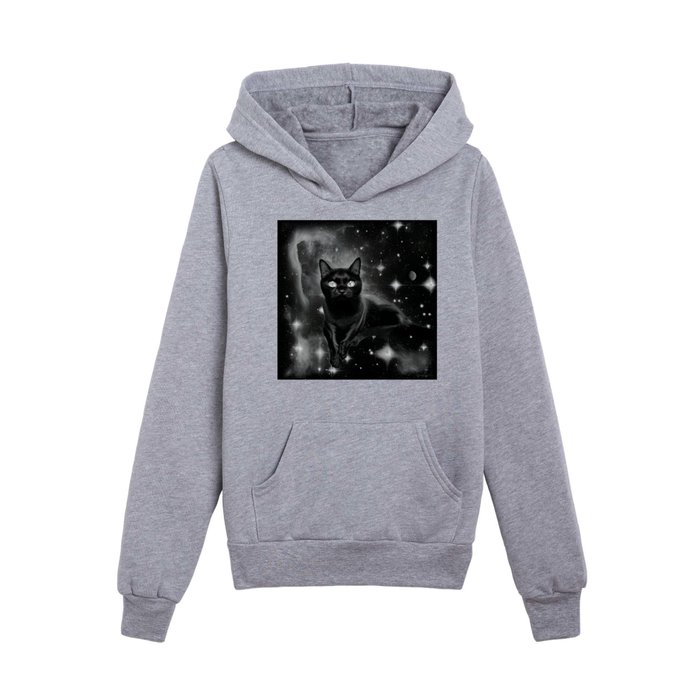 Black Cat Among the Stars in Monochrome Kids Pullover Hoodie