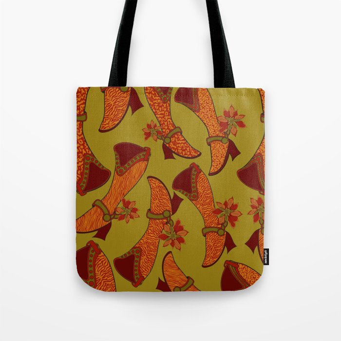 Festive Animal Print Cowgirl Style Boots with Poinsettia Spurs on Light Olive Background Tote Bag