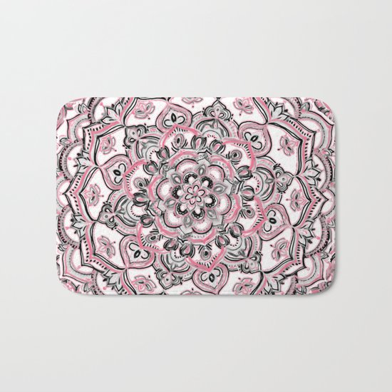 Magical Mandala in Monochrome + Pink Bath Mat