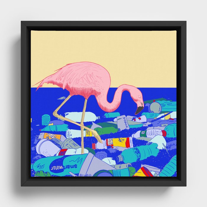 A Flamingo Searches for Dinner Framed Canvas