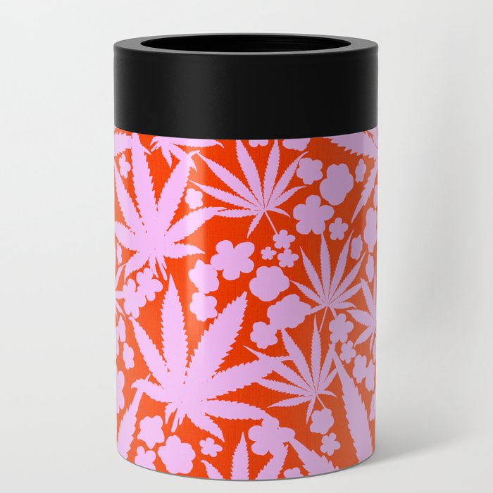 Retro Modern Cannabis Leaves And Flowers In Pastel Pink On Cherry Red Floral Botanical Pattern Can Cooler