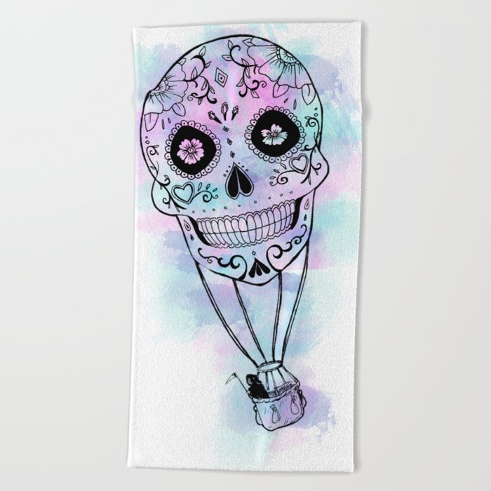 Skull Hot Air Balloon Watercolors Background Beach Towel