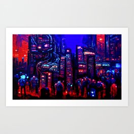 Postcards from the Future - Inside the Arcology Art Print | Street, Urban, Blue, View, Futuristic, Building, Dark, City, Arcology, Painting 