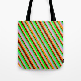 [ Thumbnail: Lime, Aquamarine, Plum, Dark Orange & Dark Red Colored Lines/Stripes Pattern Tote Bag ]