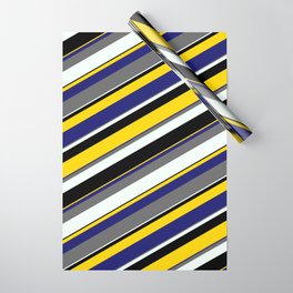 [ Thumbnail: Eyecatching Dim Grey, Mint Cream, Black, Yellow, and Midnight Blue Colored Stripes Pattern Wrapping Paper ]