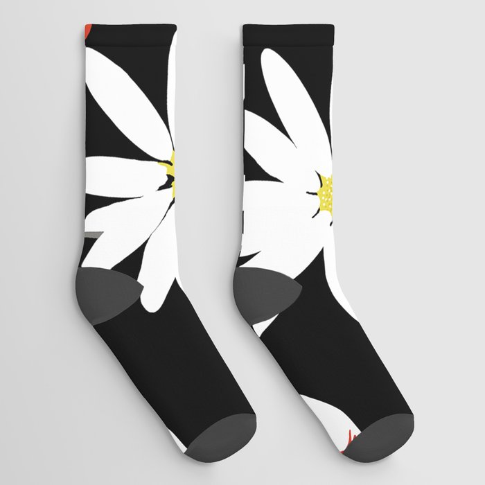 Black Roosters And White Flowers Retro Mood #decor #society6 #buyart Socks