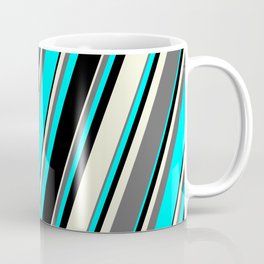 [ Thumbnail: Beige, Dim Grey, Aqua & Black Colored Lines/Stripes Pattern Coffee Mug ]