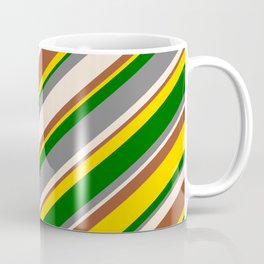 [ Thumbnail: Eye-catching Gray, Beige, Sienna, Yellow, and Dark Green Colored Lines/Stripes Pattern Coffee Mug ]