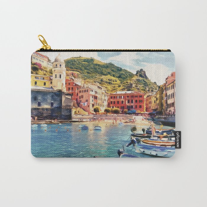 Vernazza on Italian Riviera, sea boats coastal houses, Italy marine nature travel art poster Carry-All Pouch