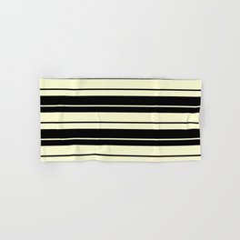 [ Thumbnail: Black and Light Yellow Colored Stripes Pattern Hand & Bath Towel ]