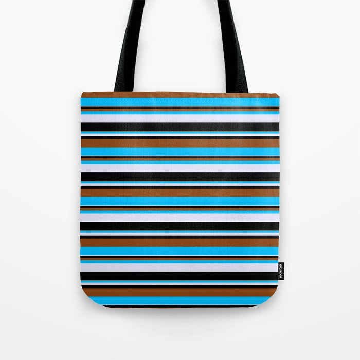 Brown, Deep Sky Blue, Lavender, and Black Colored Pattern of Stripes Tote Bag